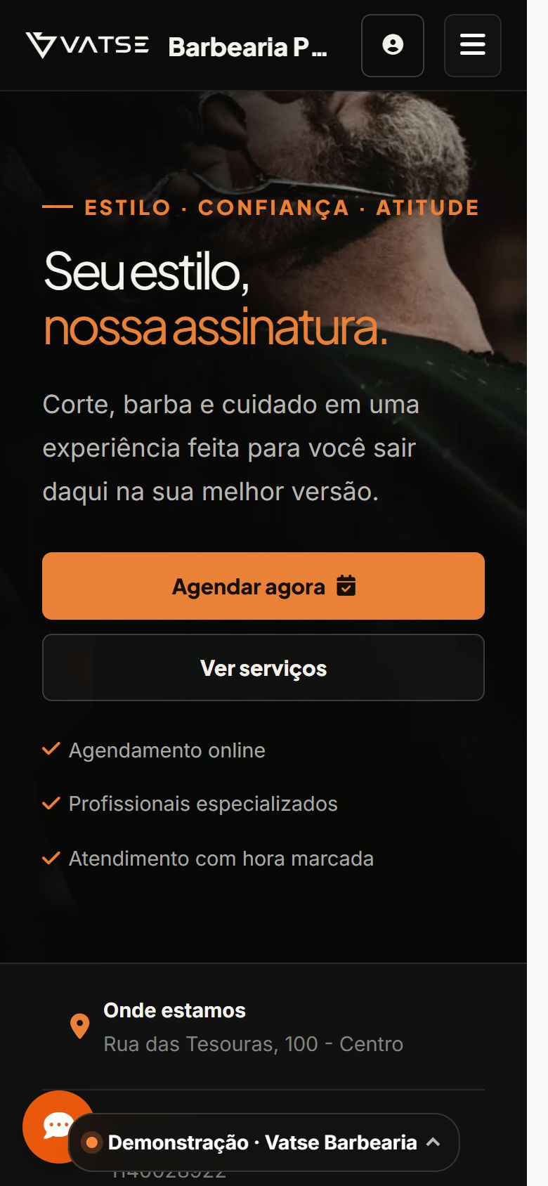 Site da barbearia no celular: o cliente escolhe o barbeiro e o horário