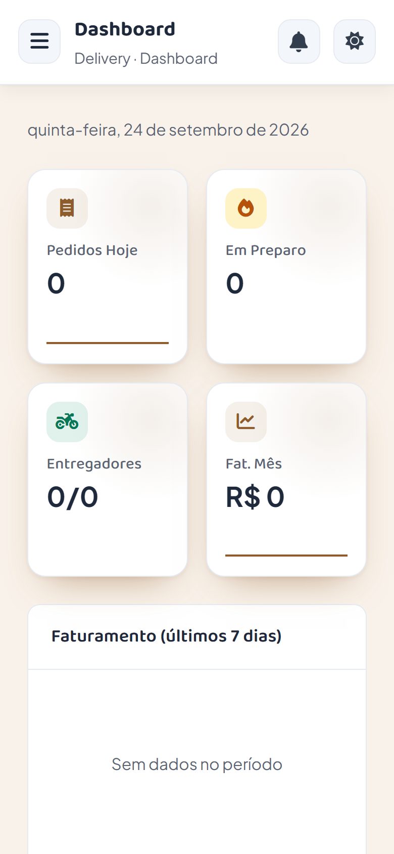 Painel do delivery no celular: pedidos e faturamento do dia
