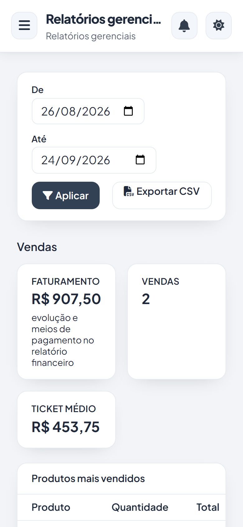 Painel do Vatse ERP no celular
