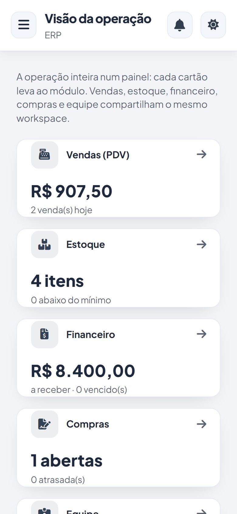 Painel do Vatse ERP no celular