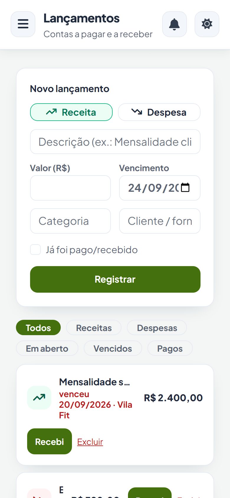 Painel do Vatse Financeiro no celular