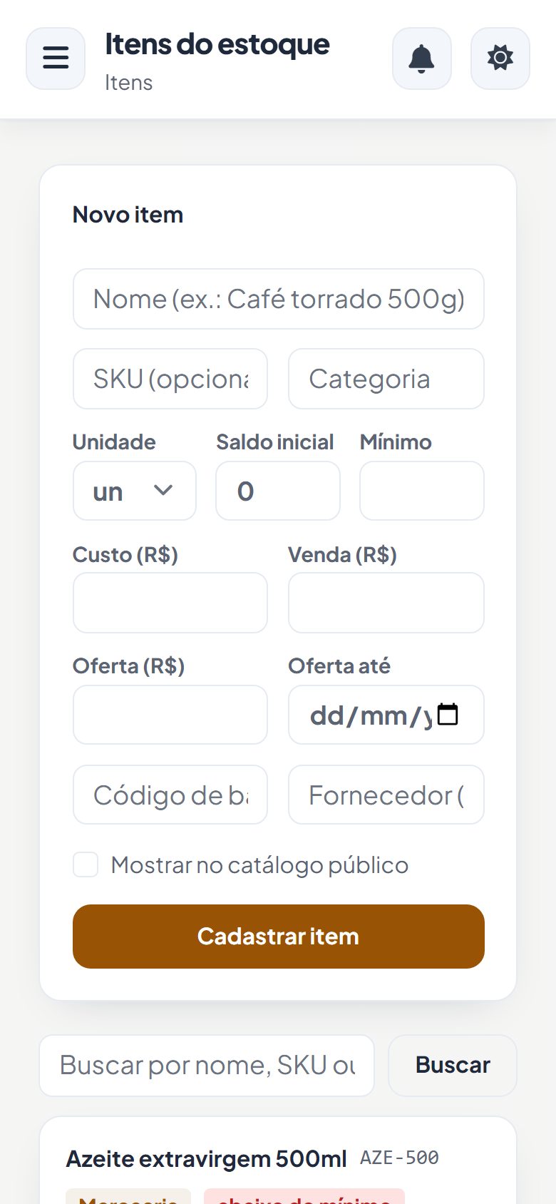 Painel do Vatse Estoque no celular