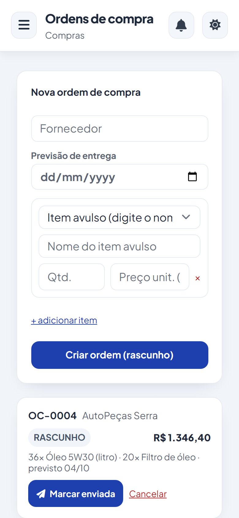 Painel do Vatse Compras no celular
