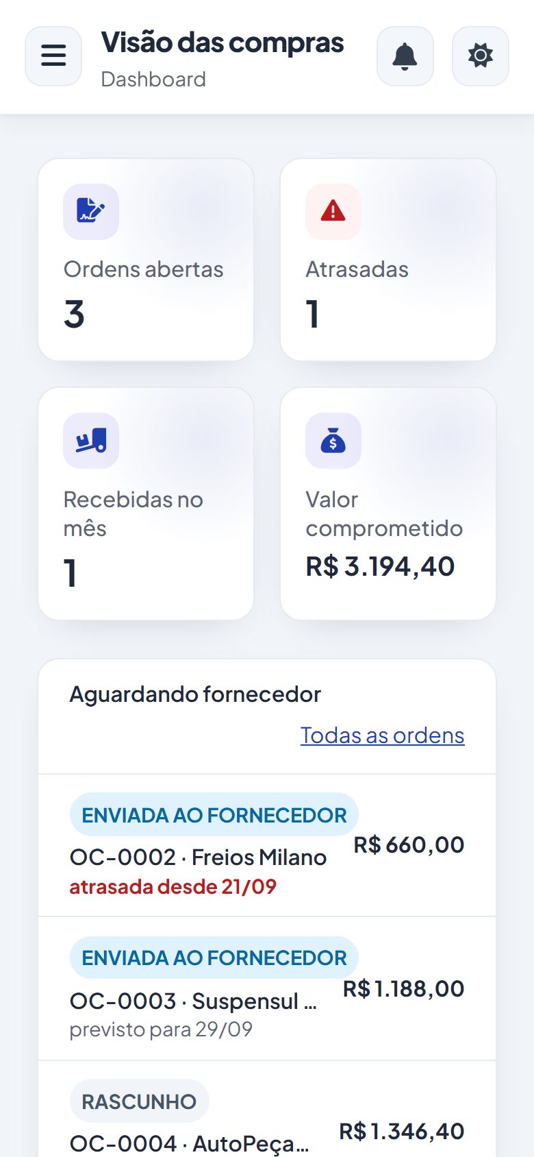 Painel do Vatse Compras no celular