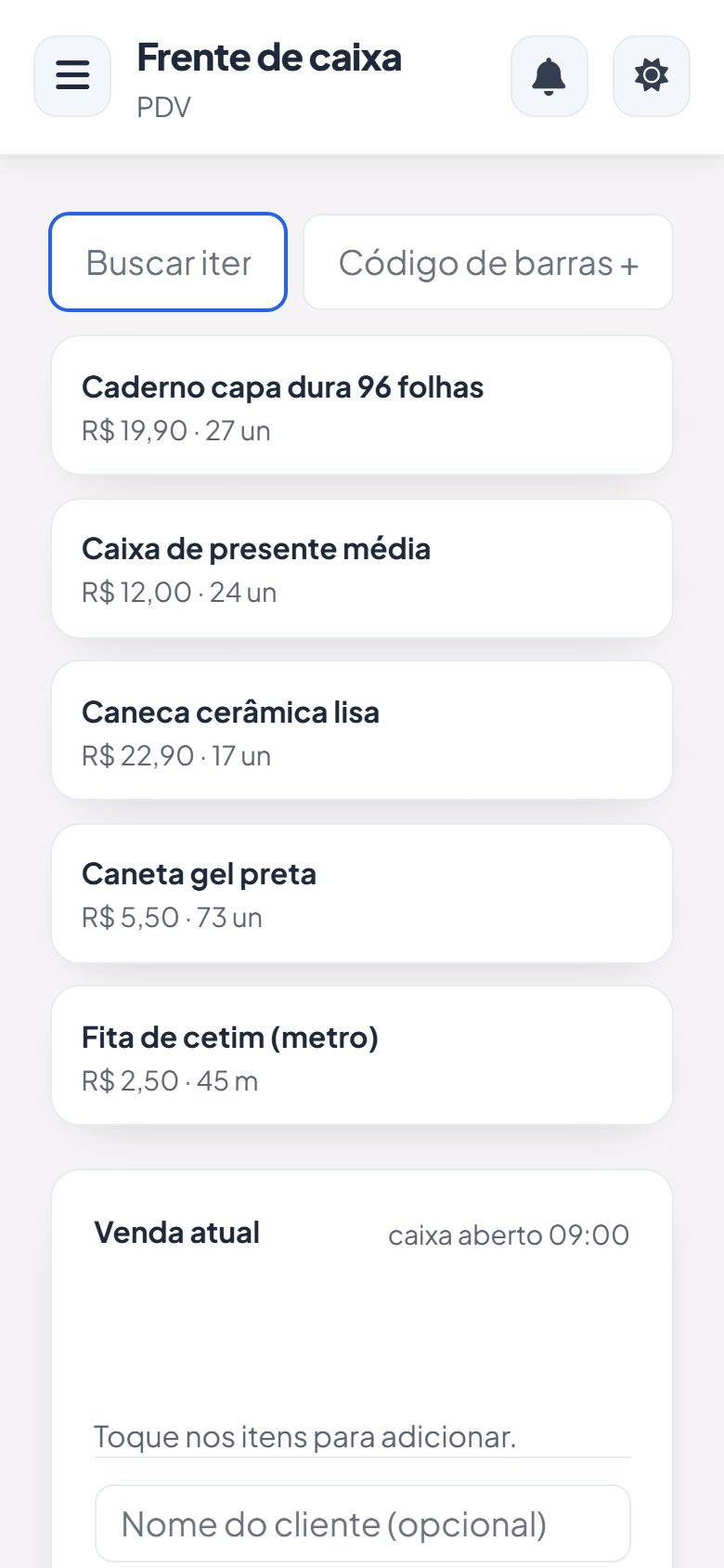 Painel do Vatse PDV no celular