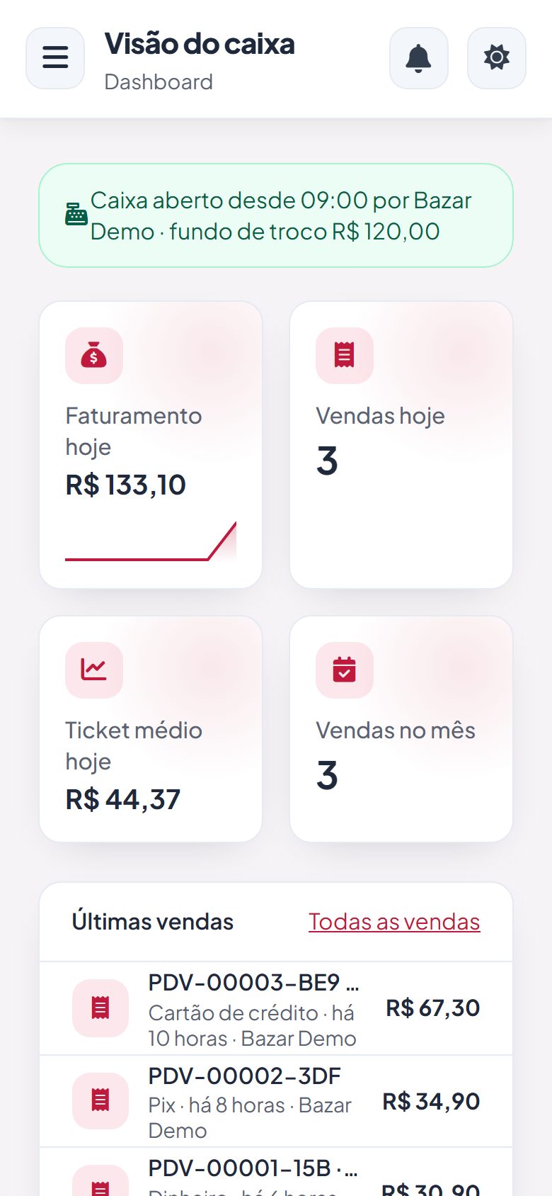 Painel do Vatse PDV no celular