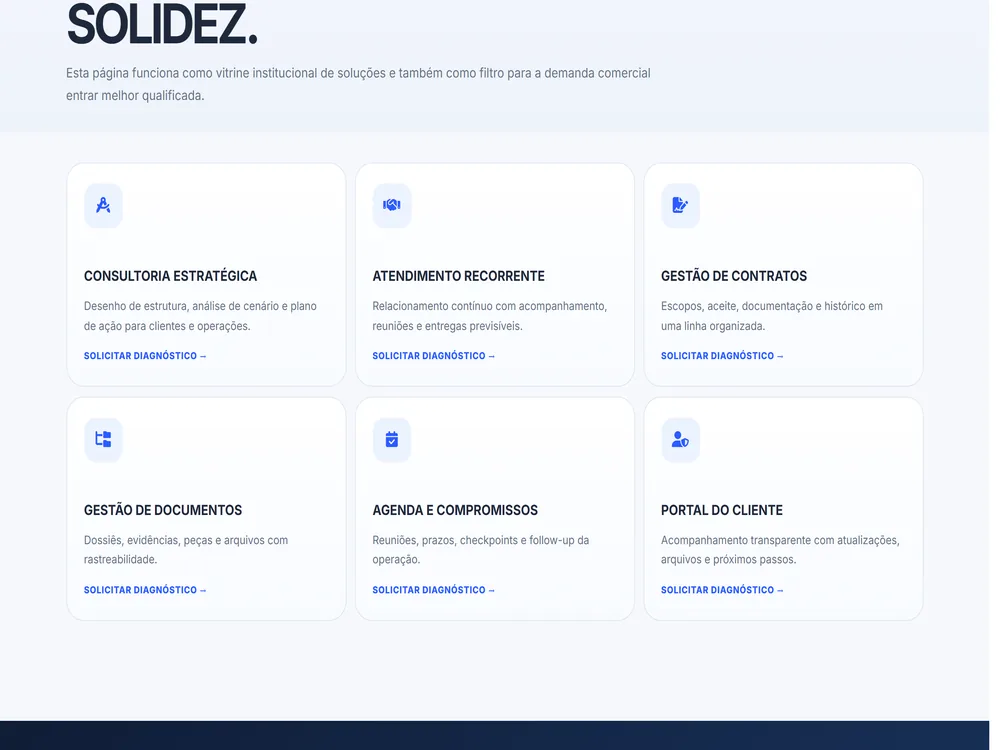 Página de áreas de atuação com os serviços do escritório