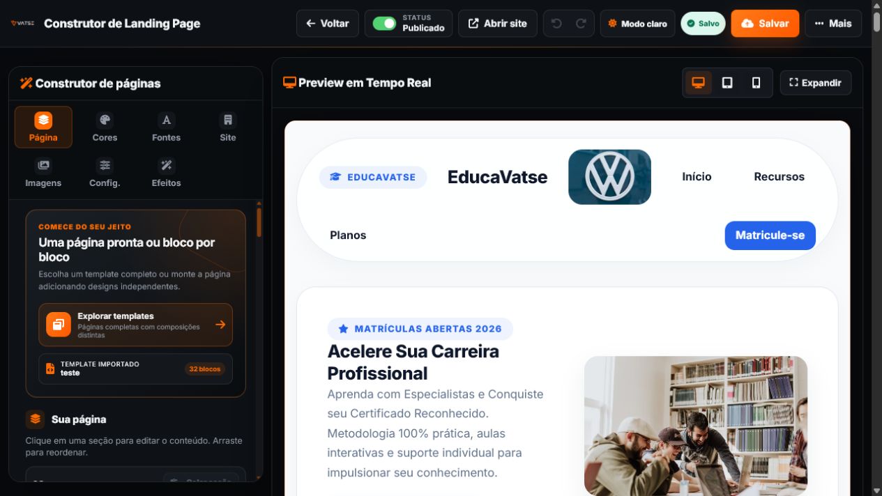 Captura real do editor Builder com painel de configuração e preview da página